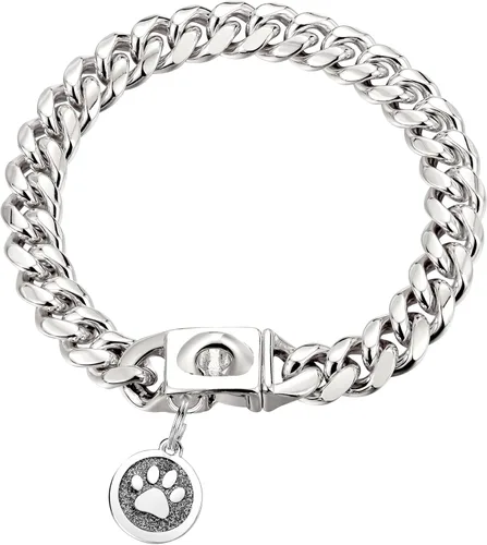Vista 8 de Collares de cadena para perro, collar de eslabones cubanos con hebilla con campana y placa para perro, acero inoxidable metálico de 10mm, collar