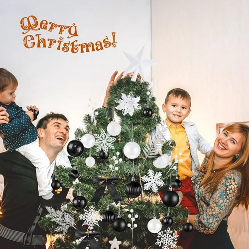 Vista 6 de Poen Juego de 108 adornos para árbol de Navidad, incluye bolas para árbol navideño, flor de pascua con purpurina, lazos, bayas, tallos, hojas, copos