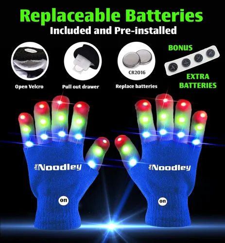 Vista 5 de The Noodley Guantes con luz LED para niños, juguetes, juegos al aire libre, para niños y niñas, disfraz oscuro con autismo, niños, adolescentes
