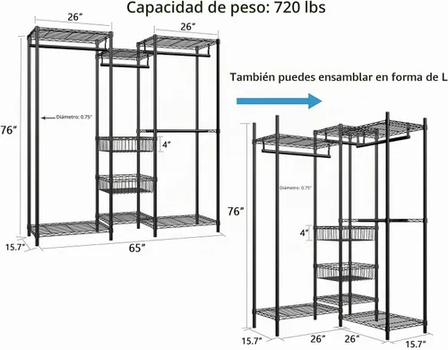 Vista 4 de Xiofio Perchero resistente de 6 niveles con varillas para colgar, estante de metal para ropa, estantes ajustables y 2 cestas de almacenamiento Negro