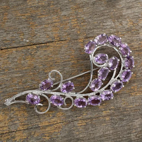 Vista 3 de NOVICA Broche de amatista hecho a mano, diseño floral, plata de ley 925, piedra natal chapada en rodio 2.8 pulgadas de largo x 1.2 pulgadas de ancho