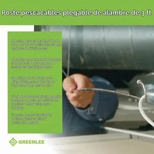 Vista 3 de Greenlee FP3 plegable de 3 pies para agarrar y alcanzar el poste de pescado, herramienta de tracción de alambre de alcance adicional