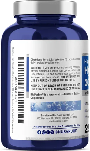 Vista 2 de NusaPure Ácido hialurónico 300 mg 250 cápsulas vegetales (sin OMG y sin gluten) Plant Based Formula, Sodium Hyaluronate, BioPerine, Suitable for