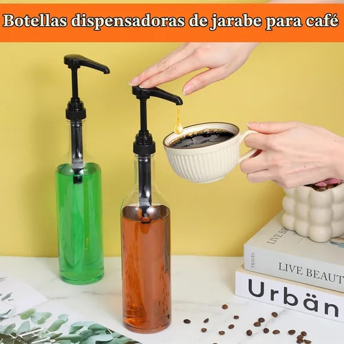 Vista 4 de 4 botellas de jarabe con bomba, botellas transparentes de cuello largo de 25 onzas / 25.4 fl oz, dispensador de bomba de jarabe de plástico