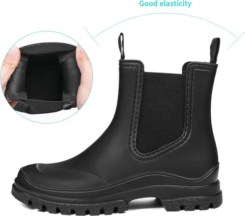 Vista 4 de DKSUKO Botas de lluvia cortas para mujer, botas de jardín impermeables de goma, botas elásticas sin cordones, botas Chelsea a la moda, zapatos