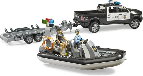 Vista 3 de Bruder RAM 2500 Camioneta Policial Pickup con Remolque Módulo L + S, Barco y 2 Figuras