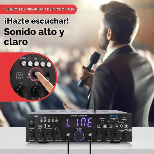 Vista 4 de Pyle Amplificador estéreo inalámbrico Bluetooth para el hogar de 200 W - Receptor de audio multicanal con óptico - Teléfono - Coaxial - FM - USB/SD