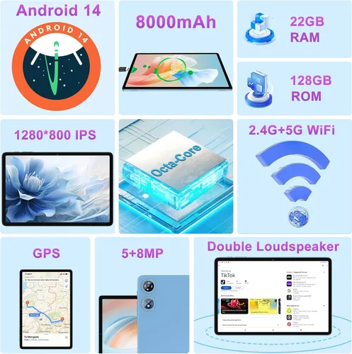 Vista 2 de 2025 Tablet Android 14 de 10 pulgadas con 22 GB RAM 128 GB ROM 1 TB de expansión, tablets con teclado ratón, Octa-Core, batería de 8000 mAh
