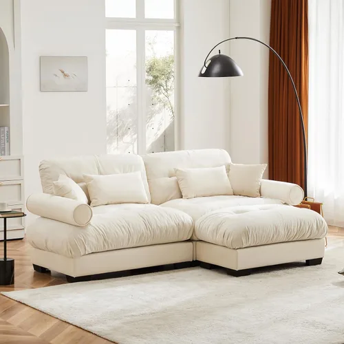 Vista 2 de Otomana color beige y blanco para sofá modular modular, sofá individual, asiento otomano para convertible seccional, sofá de terciopelo para sala