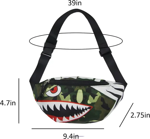Vista 7 de Riñonera pequeña para niños y niñas, con diseño de tiburón de dibujos animados, para deportes, correr, bolsa de cintura, Camuflaje