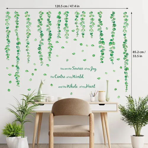 Vista 5 de DECOWALL Calcomanías de pared de vid de eucalipto, calcomanías de pared botánicas de hojas verdes para decoración de guardería, dormitorio y sala