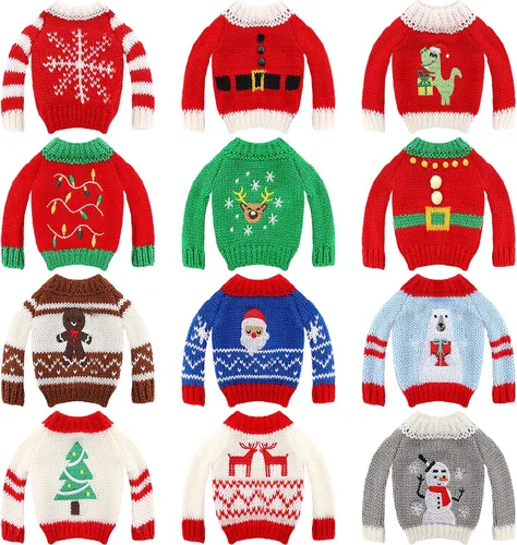 Vista 7 de Zubebe 12 piezas de accesorios de ropa de Navidad, suéter de muñeca de Navidad, ropa tejida para muñeca con estampado de Santa, árbol de Navidad