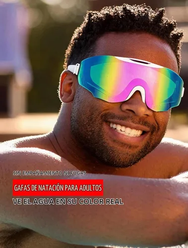 Vista 2 de Gafas de natación profesionales con revestimiento de espejo arcoíris, antiniebla, protección UV, correa ajustable, color blanco, negro Blanco Rosa