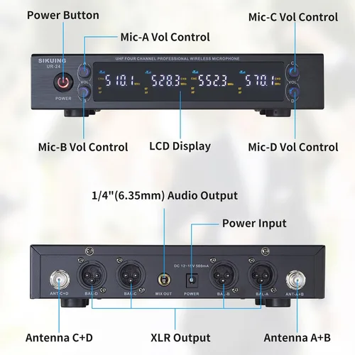 Vista 8 de Sistema de micrófono inalámbrico UHF de 4 canales con micrófonos de auriculares Lavalier, frecuencias ajustables de 4 x 50, ideal para reuniones