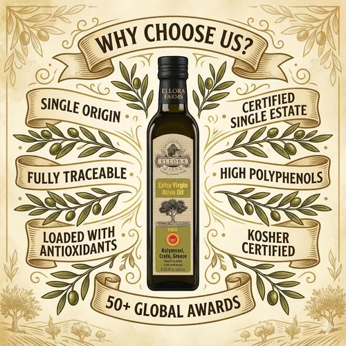 Vista 2 de Ellora Farms, Aceite de oliva virgen extra griego, DOP certificado de un solo estado, rastreable, Kosher y primera prensa en frío, alto polifenoles