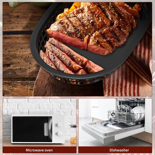 Vista 6 de Potchen 60 cestas de comida rápida para servir 10.5 x 7 pulgadas, cesta de plástico ovalada retro, bandeja de servicio de alimentos para Negro