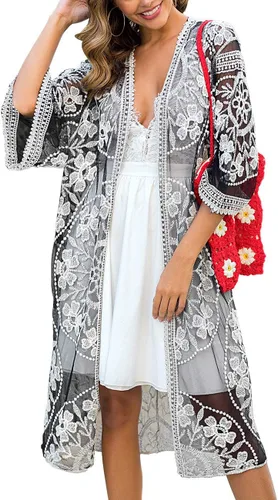 Vista 17 de Cárdigan de Encaje para Mujer de Crochet Floral Transparente Cobertor de Playa Kimono Largo Abierto