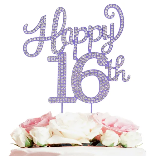 Vista 103 de LASKYER Decoración de feliz cumpleaños número 10, decoración de pastel de diamantes de imitación dorados de 10º cumpleaños – Letrero de metal