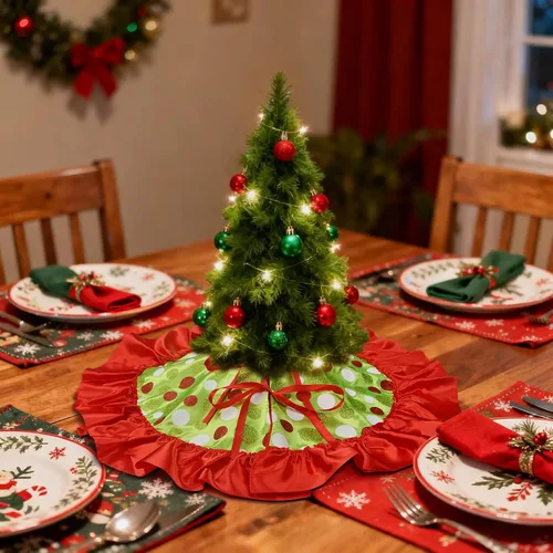Vista 6 de Yuboo 24" Falda de árbol de Navidad de puntos rojos y verdes - Falda de árbol de mesa pequeña con volantes, tapete de árbol de Navidad mini