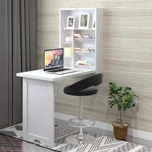 Vista 6 de Giantex GRAFFY - Escritorio de pared flotante, ahorro de espacio, escritorio convertible con área de almacenamiento, mesa plegable de madera
