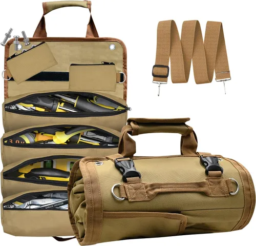 Vista 7 de Bolsa de herramientas enrollable, bolsa enrollable de herramientas resistente, con 4 bolsillos y 2 bolsas desmontables, bolsa enrollable para papá