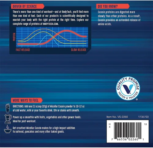 Vista 3 de BodyTech Proteína de caseína micelar en polvo, liberación lenta para recuperación muscular durante la noche, 0.85 oz de proteína por porción