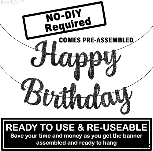 Vista 4 de KatchOn Cartel de feliz cumpleaños cursivo negro con purpurina, pre-encordado, 10 pies, cartel de feliz cumpleaños para mujeres, hombres, niños