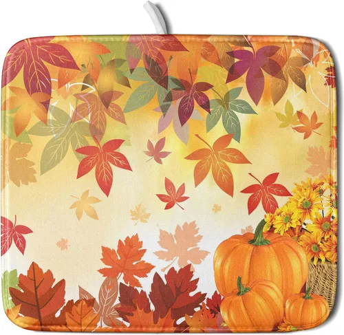 Vista 12 de Tapete de Secado de Platos de Florero de Girasoles Otoñales para Encimera de Cocina, Tapete de Secado de Hojas de Arce y Calabaza Otoñal de 16 x 18