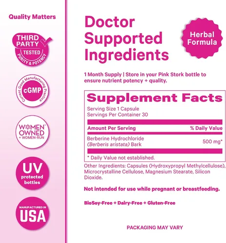 Vista 6 de Pink Stork Berberina 500 mg - Activador metabólico diario AMPK - 500 mg de metabolismo + apoyo para la salud intestinal para mujeres - probado por