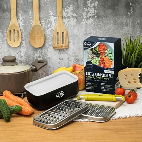 Vista 3 de Rallador de queso con contenedor y tapa y juego de pelador - Juego de utensilios de cocina multifuncional de acero inoxidable para verduras y frutas