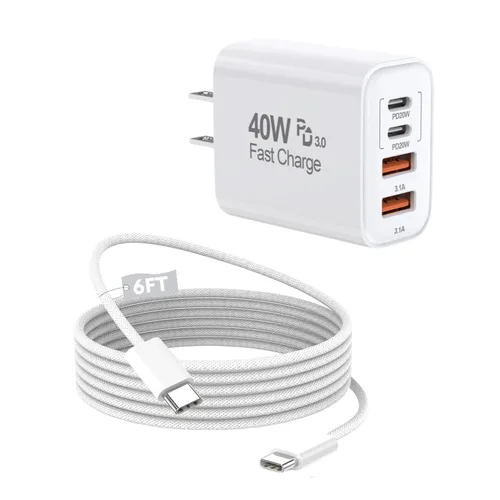 Vista 10 de 2 unidades de cable trenzado iPhone 17/16/15 Pro Max USB C a C, cargador Apple tipo C de 40 W PD de 4 puertos con enchufe de pared y cable trenzado