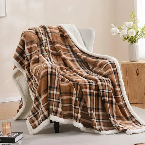 Vista 23 de PU MEI Manta Sherpa Individual a Cuadros Gruesa para Cama, 60"*80" Franela Súper Suave Difusa Forro Polar Reversible Terciopelo Afelpado Manta