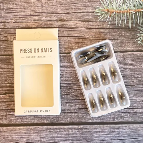 Vista 4 de 24 uñas postizas medianas a presión, uñas postizas brillantes con diseños de estrellas y luna, uñas acrílicas negras de cobertura completa pegamento