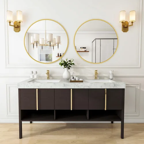 Vista 8 de VooBang Gold Round Bathroom Mirror 24", Thin Metal Frame Wall Mirror Dorado