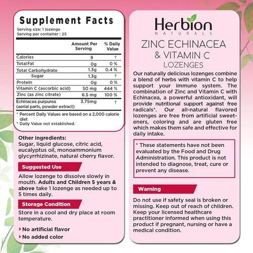 Vista 2 de HERBION Naturals - Pastillas de zinc, equinácea y vitamina C, 25 unidades, suplemento dietético para adultos y niños mayores de 5 años, promueve