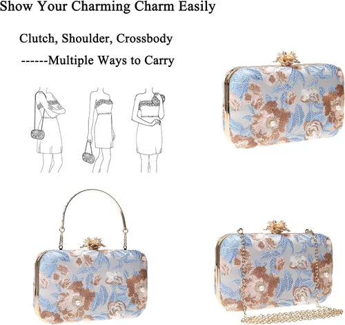 Vista 6 de Bolso de noche con bordado floral vintage para mujer, bolso de hombro para boda, fiesta, baile de graduación