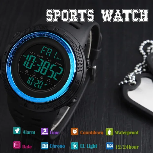 Vista 4 de Reloj digital para hombre, resistente al agua, cronógrafo, LED, electrónico, para deportes al aire libre