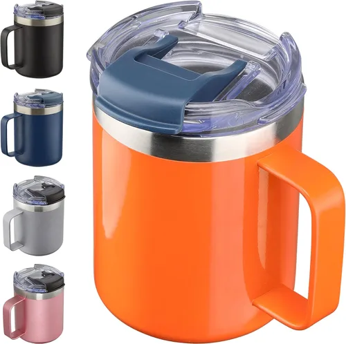 Vista 33 de Taza de café aislada de 12 onzas con asa, taza de café de viaje de acero inoxidable con tapa abatible, vaso de café de doble pared con aislamiento