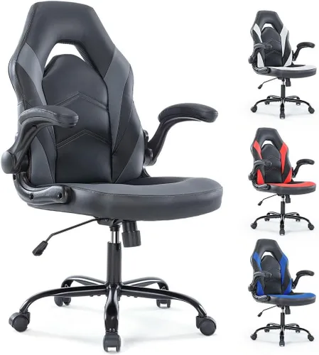 Vista 8 de Silla ergonómica resistente para videojuegos, para oficina en casa, con soporte lumbar, respaldo ajustable, reposabrazos abatible y ruedas