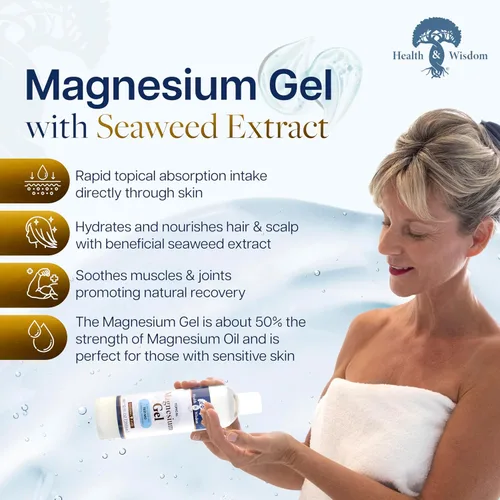 Vista 2 de Health and Wisdom Gel de magnesio puro con extracto de algas marinas, alivio tópico muscular y articular, hidratante natural y pura para la piel
