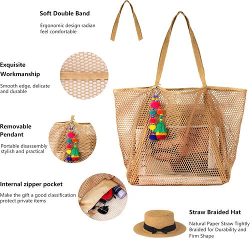 Vista 2 de Hibala Bolsa de playa grande para la playa, bolso de hombro tejido con borla con bolsillos para vacaciones familiares en la playa