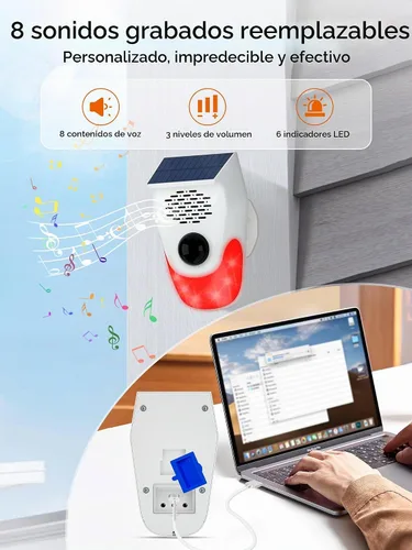 Vista 2 de PILSAMAS Alarma solar con sensor de movimiento con carga de voz personalizada: generador de ruido fuerte de 120 dB y luces estroboscópicas, control