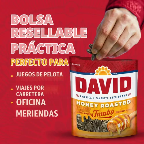 Vista 4 de DAVID Semillas de girasol gigantes, sabor tostado a miel, 5.25 onzas