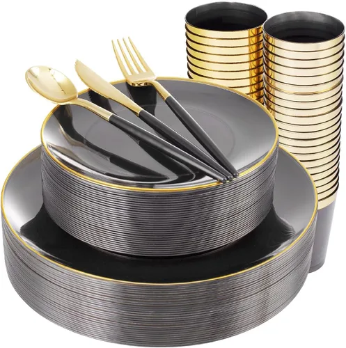 Vista 12 de 150 piezas de platos de plástico negros, platos negros y dorados, cubiertos de plástico dorados, juego de vajilla negro y dorado, vajilla de calidad