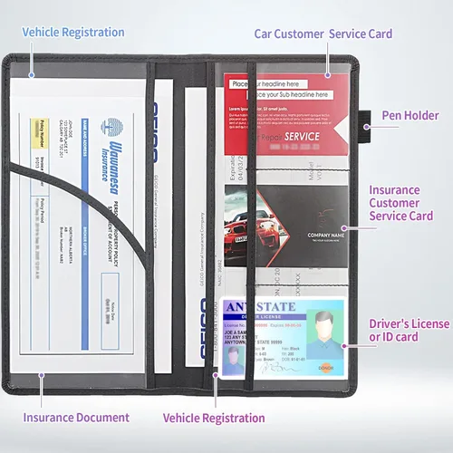 Vista 3 de Soporte para registro y seguro de automóvil, de piel sintética, para documentos de licencia de automóvil, seguro y tarjetero de registro