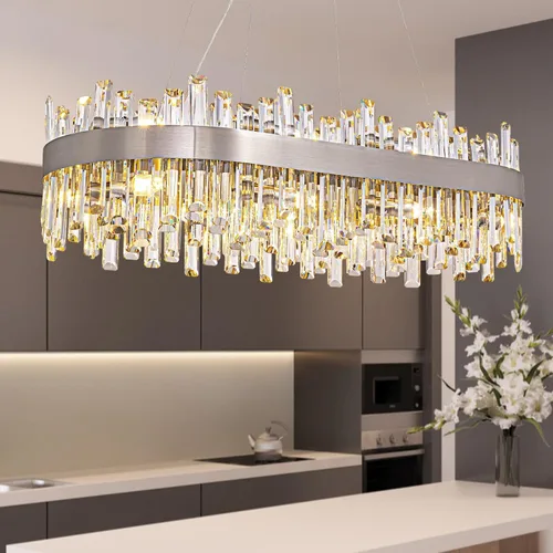 Vista 28 de Siljoy - Candelabro de cristal moderno, 12 luces, lujoso, redondo, de 2 niveles, con cristal K9 en forma de gota de lluvia, lámpara colgante de Oro