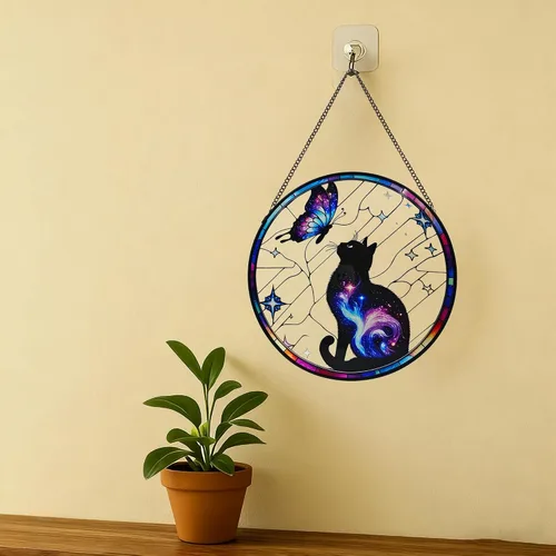 Vista 7 de Colgante de Vidrio Emplomado de Gato Negro para Ventana, 9.8'' Gato Negro y Mariposa con Diseño de Nebulosa Atrapasol Decoración del Hogar