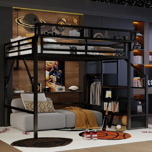 Vista 11 de Mirightone Cama elevada de tamaño completo con escaleras, camas elevadas de metal, estructura de cama elevada con estantes de almacenamiento, cama