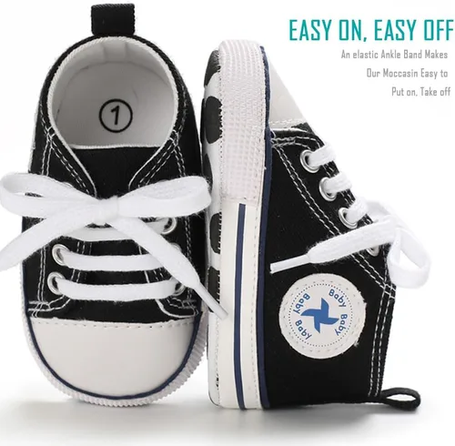 Vista 5 de Zapatos de lona para bebés recién nacidos, suela suave, para los primeros pasos, zapatos planos para niños pequeños, zapatos de mezclilla unisex