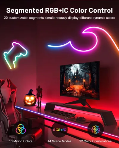 Vista 4 de Luces de cuerda de neón, tira de luces LED RGB+IC inteligente de 3,05 m con aplicación y control remoto, luces de cuerda de neón flexibles